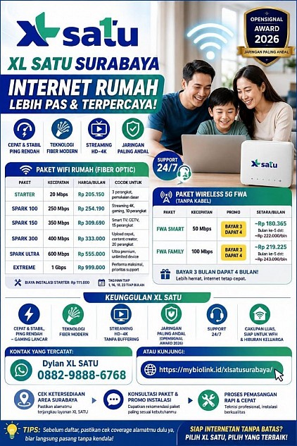 😩 WIFI SERING LEMOT? BUFFERING TERUS?  Jangan biarkan koneksi internet mengganggu aktivitas di rumah.  Saatnya Beralih Ke XL SATU FIBER 🚀  ⚡ Internet cepat & stabil ♾️ Unlimited 🏠 Cocok untuk keluarga 🎮 Gaming & streaming 💰 Mulai Rp110 ribuan/bulan 🎁 Gratis biaya pasang HUBUNGI : DYLAN 0878-1172-2048 WEBSITE  : https://mybiolink.id/xlsatusurabaya/